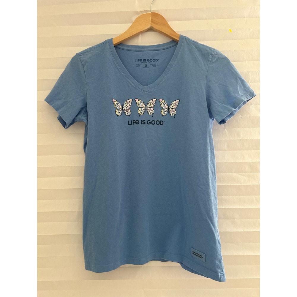 Life is Good Womens Crusher-Lite V-Neck Butterfly Graphic T-Shirt Blue Small